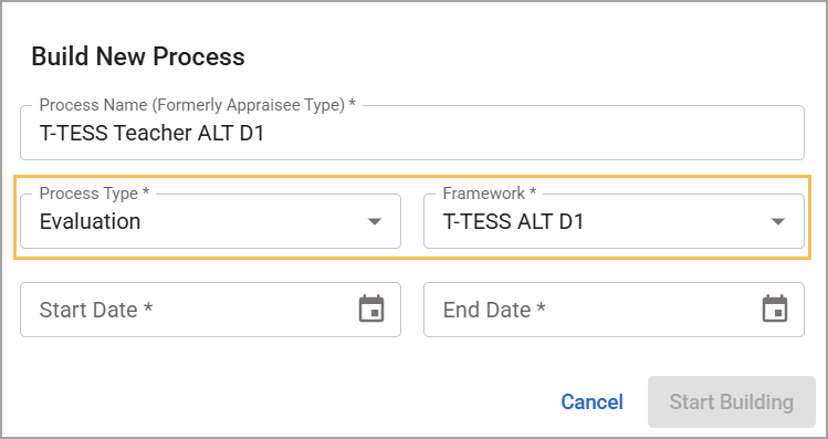 Modal to build a new evaluation process for T-TESS Teacher ALT D1.